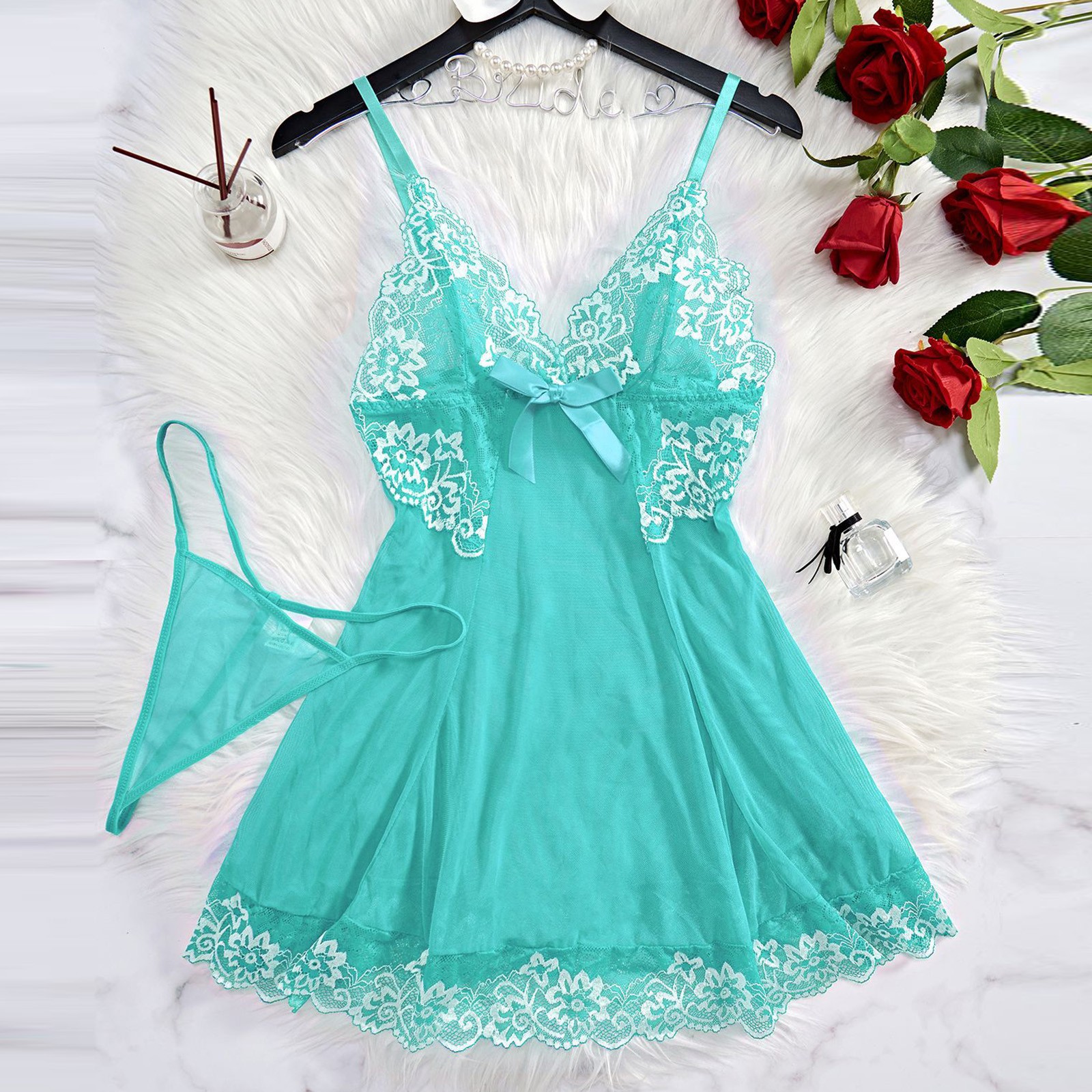 thumbnail image 5 of Body sexy de encaje para mujer con liguero - Conjunto de camisón de malla transparente, lencería de poliéster y spandex para ocasiones especiales, 5 of 5